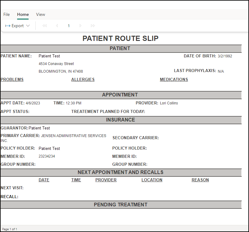 Example patient Route Slip